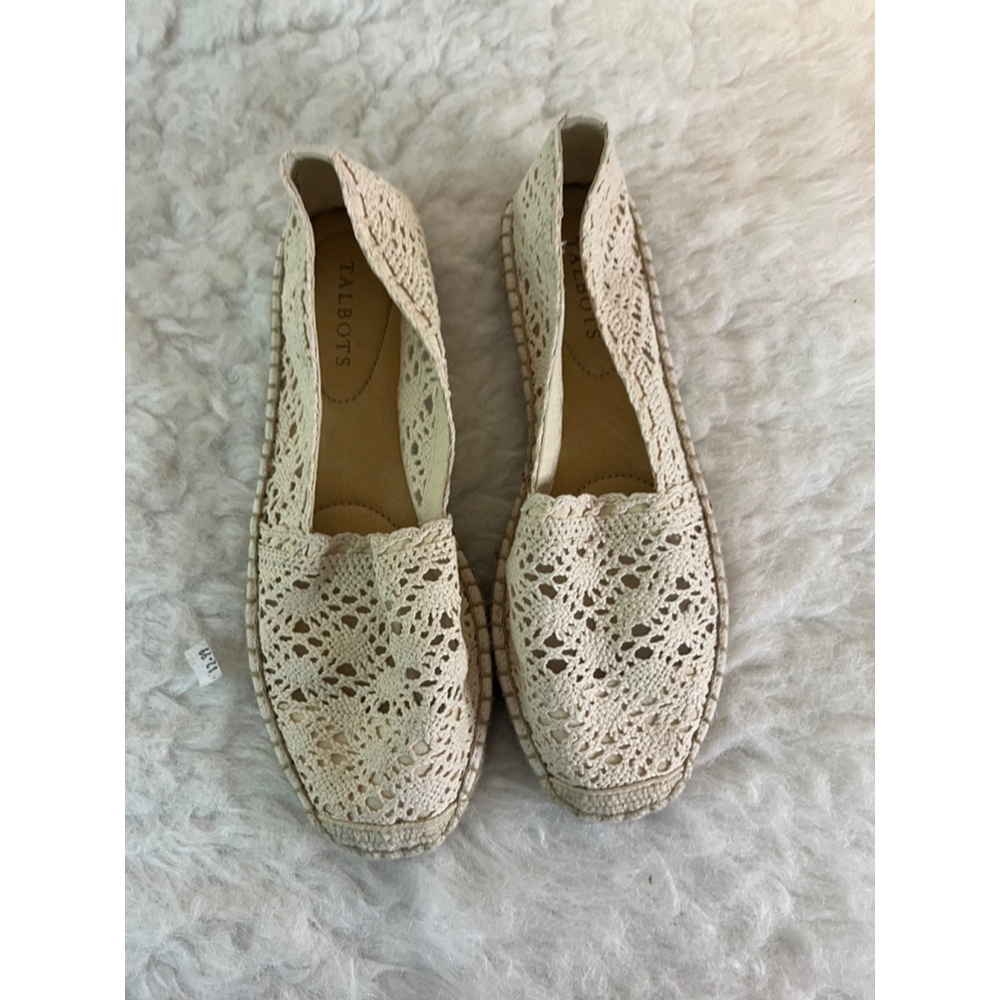 Talbots Izzy Espadrille Flats Floral Crochet Loafers Beige Women Size 9